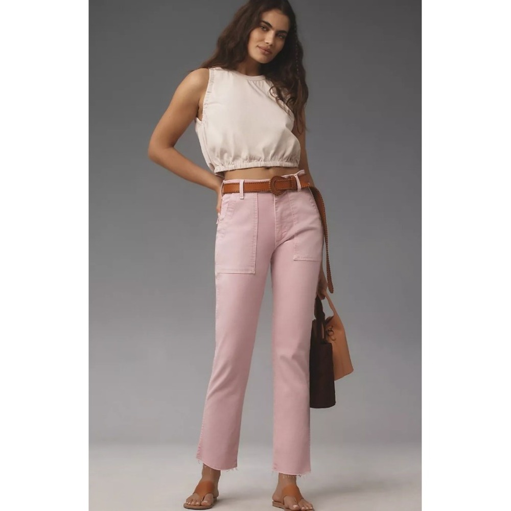 AMO Easy Army Trouser Pants Pink Straight Utility Preppy Cropped Raw Hem Size 28